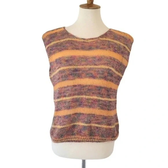 Hand Knit Vintage Striped Sleeveless Sweater‎ Top Multi Color - Picture 2 of 5